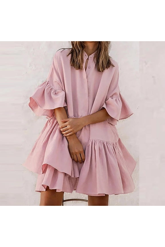 Spring Dresses for Women Loose Solid Color Flared Short Sleeve Dress Causal Round Neck Ruffle Patchwork Pleated Midi Dress