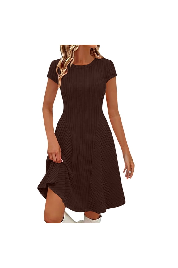 Spring Dresses for Women Loose Solid Color Flared Short Sleeve Dress Causal Round Neck Ruffle Pleated Midi Dress Summer V Neck Clothes