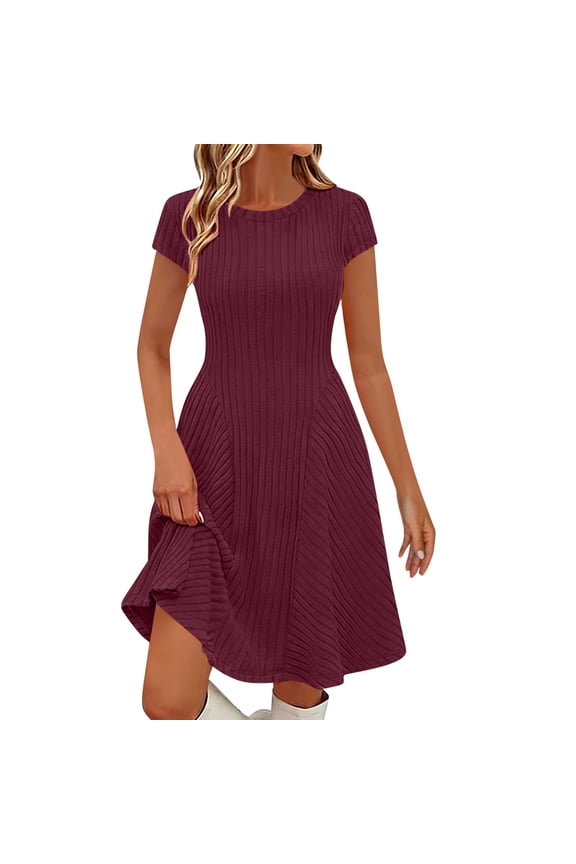 Spring Dresses for Women Loose Solid Color Flared Short Sleeve Dress Causal Round Neck Ruffle Pleated Midi Dress Summer V Neck Clothes