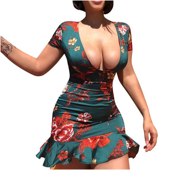 Fesfesfes Spring Dresses for Women Low Cut Mini Boho Dress Ruffle Hem Bodycon Dress Casual Short Sleeve Beach Dress