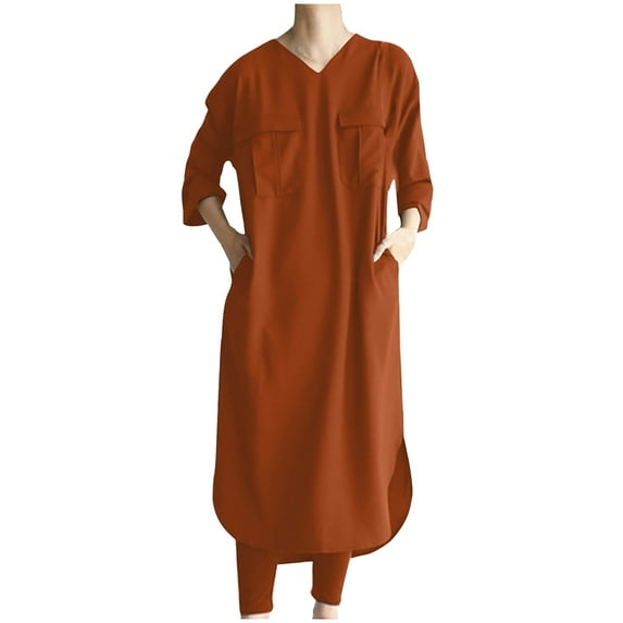 Fesfesfes Spring Dresses for Women Round Neck 3/4 Sleeve Tunic Dress Casual Solid Color Kaftan Dress Knee Length Ruffle Slit Dress