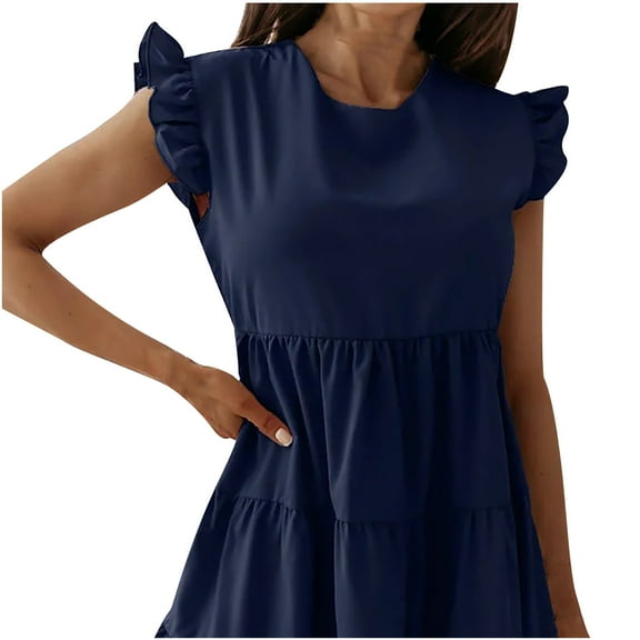 Fesfesfes Spring Dresses for Women Round Neck Ruffle Short Sleeve Dress Loose Casual Solid Solor Fashion Mini Party Dress