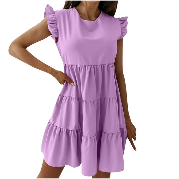 Fesfesfes Spring Dresses for Women Round Neck Ruffle Short Sleeve Dress Loose Casual Solid Solor Fashion Mini Party Dress