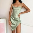 thumbnail image 1 of Fesfesfes Spring Dresses for Women Satin Starp Party Sling Dress Solid Color Sleeveless Camis Dresses Casual Drawstring Pleated Slit Dress, 1 of 5