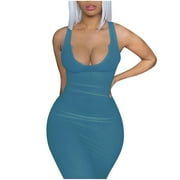 Fesfesfes Spring Dresses for Women Low Cut Tank Dress Deep V-Neck Sleeveless Ribbed Party Bodycon Dress