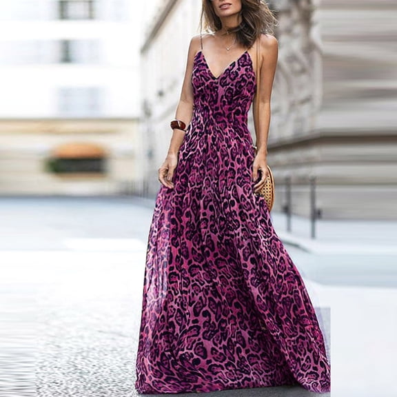 Fesfesfes Spring Dresses for Women Low Cut V Neck Sling Dress Leopard Print Boho Beach Dress Loose Casual Temperament Sleeveless Dress