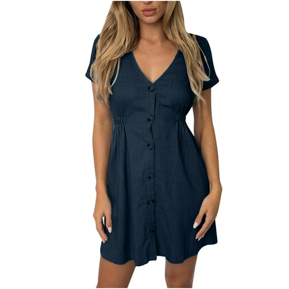 Fesfesfes Spring Dresses for Women Short Sleeve Skirt V-Neck Mini Dress Buttons Solid Color Casual Dresses