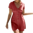 thumbnail image 1 of Fesfesfes Spring Dresses for Women Short Sleeve Skirt V-Neck Mini Dress Buttons Solid Color Casual Dresses, 1 of 8