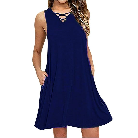 Fesfesfes Spring Dresses for Women Solid Color Pleated Short Sleeve Dress Loose Casual Semi Formal Dress With Pockets Round-Neck Sun Dress