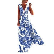 Fesfesfes Spring Dresses for Women Solid Color Sleeveless Dress Loose Casual Deep V Neck Dress Flowy Beach Dress