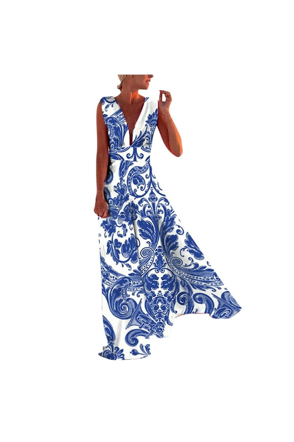 Spring Dresses for Women Solid Color Sleeveless Dress Loose Casual Deep V Neck Dress Flowy Beach Dress