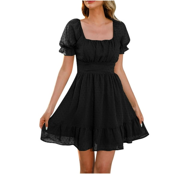 Fesfesfes Spring Dresses for Women Spring Casual Solid Color Square Collar Chiffon Dress Loose Semi Sheer Waist Tighten Short Sleeve Mini Dress