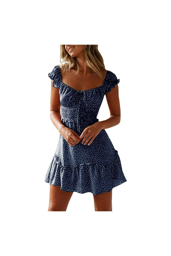 Spring Dresses for Women Square Collar Vintage Floral Print Spring Short Sleeve Beach Mini Dress