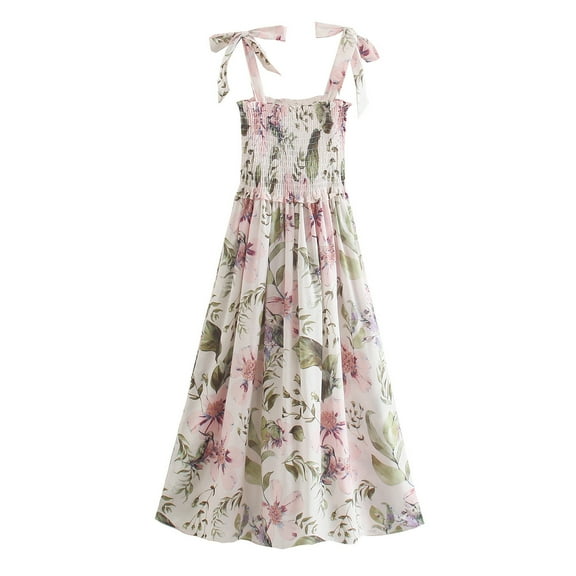 Fesfesfes Spring Dresses for Women Tube Top Straped Dress Casual Boho Floral Print Sleeveless Dresses Ruffle Knee Length Beach Dress