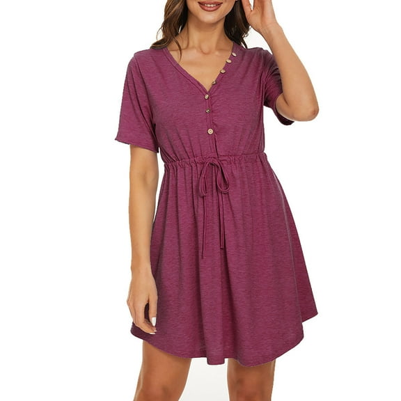 Fesfesfes Spring Dresses for Women V Neck Buttons Short Sleeve Dress Casual Solid Color Knee Length Dress