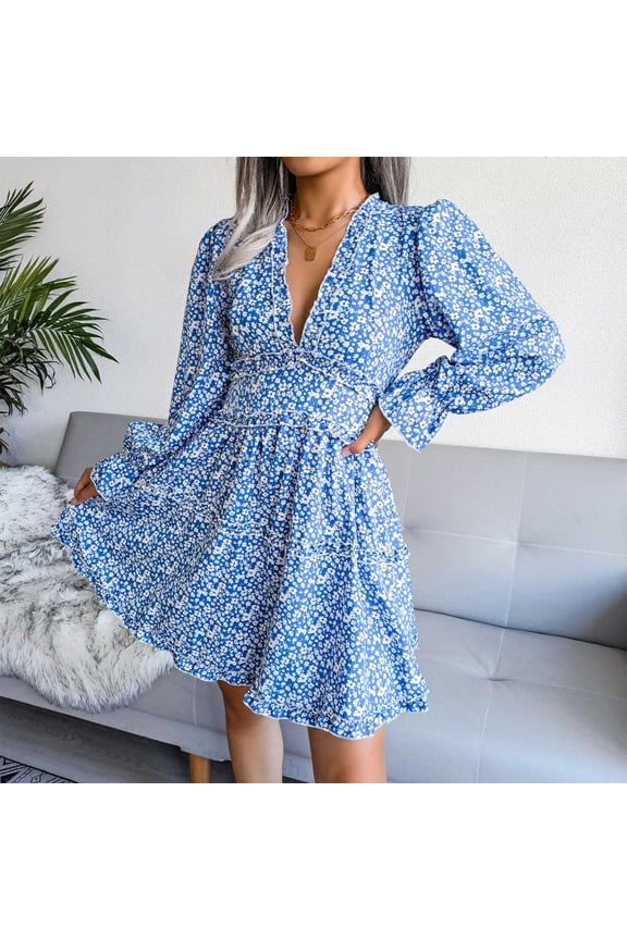 Spring Dresses for Women V Neck Long Sleeve Party Dress Casual Floral Print Pleated Dress Knee Length Swing Sun Dress