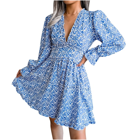 Fesfesfes Spring Dresses for Women V Neck Long Sleeve Party Dress Casual Floral Print Pleated Dress Knee Length Swing Sun Dress