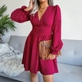thumbnail image 1 of Fesfesfes Spring Dresses for Women V Neck Long Sleeve Party Dress Casual Solid Color Pleated Dress Knee Length Swing Sun Dress, 1 of 8