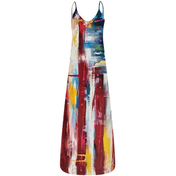 Fesfesfes Spring Dresses for Women V Neck Sleeveless Long Dress Casual Star and Stripes Print Dress Independence Day Dress