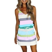 Fesfesfes Spring Dresses for Women V-Neck Sleeveless Mini Dress Loose Casual Stripe Print Sling Dress Waist Drawstring Lace Up Sun Dress with Pocket