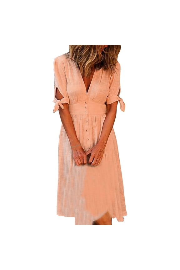 Spring Dresses for Women V-neck Solid Color Short Sleeve Boho Dress Loose Long Cardigan Buttoned Beach Dress