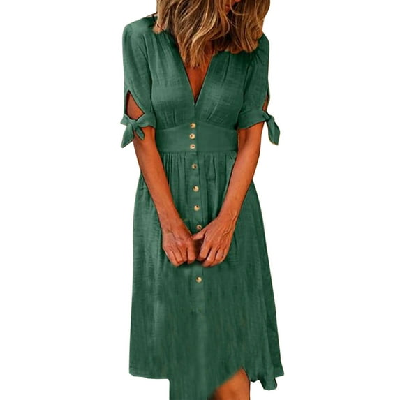 Fesfesfes Spring Dresses for Women V-neck Solid Color Short Sleeve Boho Dress Loose Long Cardigan Buttoned Beach Dress