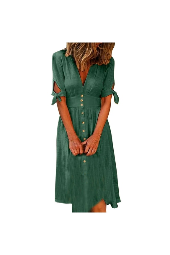 Spring Dresses for Women V-neck Solid Color Short Sleeve Boho Dress Loose Long Cardigan Buttoned Beach Dress