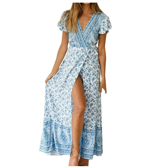 Fesfesfes Spring Dresses for Women Vintage Floral Printed Boho Dress V Neck Micro Sleeve Casual Long Dress Waist Lace Up High Slit Beach Dress