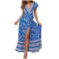 thumbnail image 1 of Fesfesfes Spring Dresses for Women Vintage Floral Printed Boho Dress V Neck Micro Sleeve Casual Long Dress Waist Lace Up High Slit Beach Dress, 1 of 6