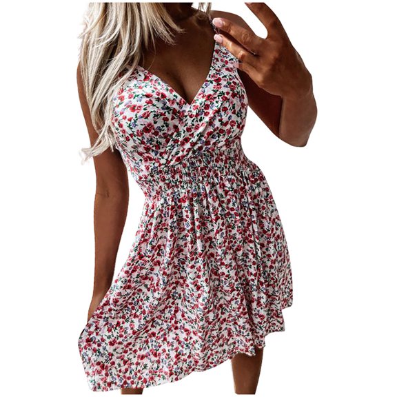 Fesfesfes Spring Sling Dress for Women Floral Print Boho Dress V Neck Sleeveless Beach Dress Knee Length Vacation Sun Dress