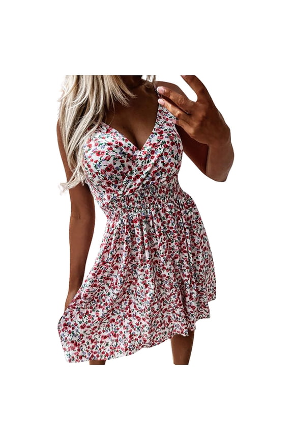 Spring Sling Dress for Women Floral Print Boho Dress V Neck Sleeveless Beach Dress Knee Length Vacation Sun Dress