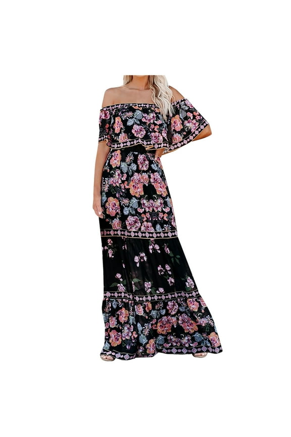 Strapless Bandeau Dress For Women Summer Printing Tube Tops Dress Casual Holiday Dress Boho Beach Long Dress Under $10