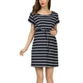 thumbnail image 1 of Fesfesfes Striped Maternity Dress Short Sleeve Drawstring Waist Fashionable Comfortable Pregnancy Dress for Women Casual Summer Outfit(Dark Blue,2XL), 1 of 8