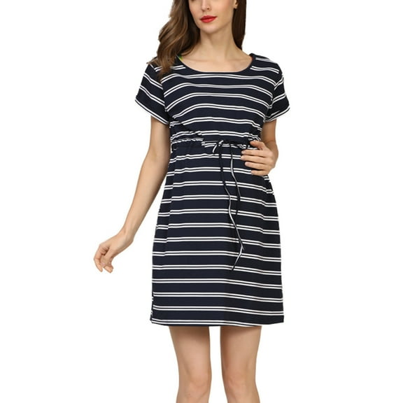 Fesfesfes Striped Maternity Dress Short Sleeve Drawstring Waist Fashionable Comfortable Pregnancy Dress for Women Casual Summer Outfit(Dark Blue,2XL)