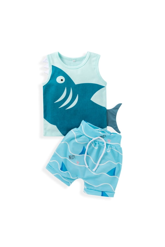 Summer Baby Boys Clothes Set Cartoon Shark Print Sleeveless T-shirt Tops Shorts