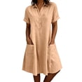 thumbnail image 1 of Fesfesfes Summer Casual Collared Button Down Dress,Women's Short Sleeve Loose Fit Shirt Dress,Washed Wrinkled Dress with Side Pockets, Relaxed Fit Daily Wear Beach Dress, 1 of 7
