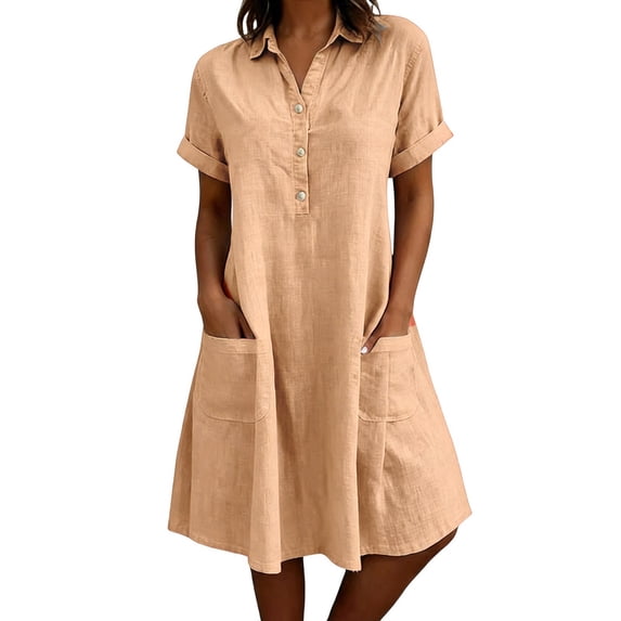 Fesfesfes Summer Casual Collared Button Down Dress,Women's Short Sleeve Loose Fit Shirt Dress,Washed Wrinkled Dress with Side Pockets, Relaxed Fit Daily Wear Beach Dress