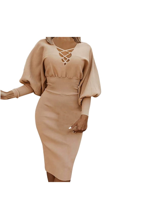Summer Dresses for Women Casual Slim Fit Solid Color Deep V-Neck Party Dress Long Sleeve Hollow Out Semi Formal Dress