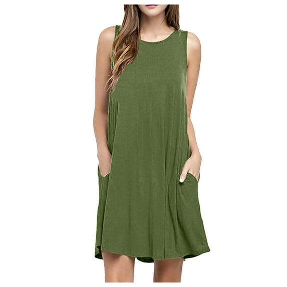 Fesfesfes Summer Dresses for Women Round Neck Casual Mini Dress Solid Color Sleeveless Tank Dress Loose Above Knee Sun Dress Clearance Under 10$