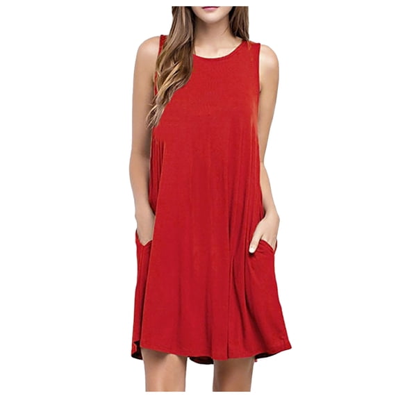 Fesfesfes Summer Dresses for Women Round Neck Casual Mini Dress Solid Color Sleeveless Tank Dress Loose Above Knee Sun Dress