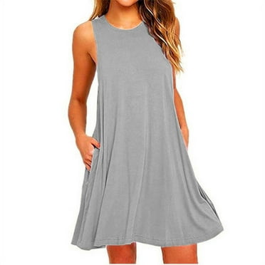 Women's Summer Casual Sleeveless Mini Plain Pleated Tank Vest Dresses T ...
