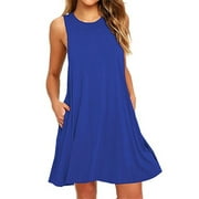 Fesfesfes Summer Dresses for Women Round Neck Casual Solid Color Sleeveless Tank Dress Loose Above Knee Sun Dress