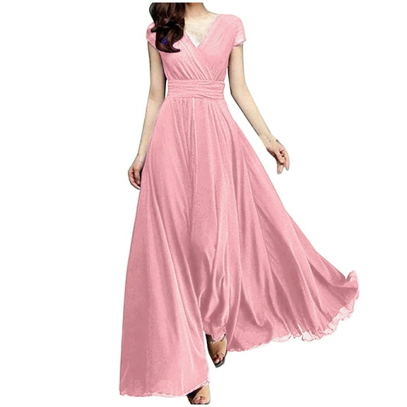 Fesfesfes Summer Dresses for Women V Short Sleeve Evening Gowns Casual Solid Color Party Dress Semi Formal Long Dress
