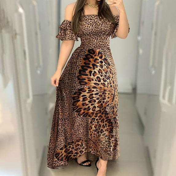 Fesfesfes Summer Dresses for Womens Leopard Print Off Shoulder Boho Dress Strapless Ruffle Short Sleeve Beach Casual Long Dress