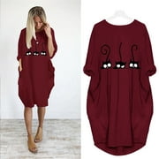 Fesfesfes Summer Dresses for Womens Loose Cat Print Jumper Dress Oversized Long Sleeve Robe Tunic Dress with Pocket