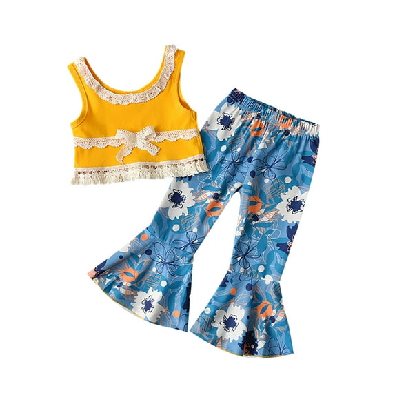 Fesfesfes Summer Girls Sleeveless Top + Flared Pants Flower Printed Leopard Two-piece Suit