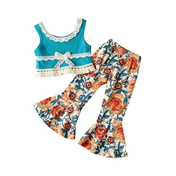 Fesfesfes Summer Girls Sleeveless Top + Flared Pants Flower Printed Leopard Two-piece Suit