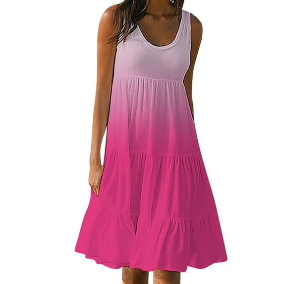 Fesfesfes Summer Plus Size Dresses for Women Holiday Gradient Color Print Sleeveless Mini Dress Loose Casual Low Cut Boat Neck Party Beach Dress