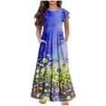 thumbnail image 1 of Fesfesfes Summer Short Sleeve Dress for 6-13 Years Children Girls Round Neck Fashion Printing Pocket Dress for Comfortable and Everyday Wear(Blue#2,6-7 Years), 1 of 7