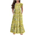 thumbnail image 1 of Fesfesfes Summer Short Sleeve Dress for 6-13 Years Children Girls Round Neck Fashion Printing Pocket Dress for Comfortable and Everyday Wear(Yellow#3,8-9 Years), 1 of 7